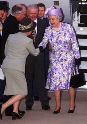 The Queen is greeted by then Governor-General William Deane and his wife Helen in Canberra in 2000.