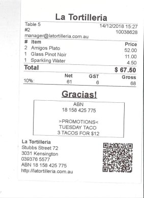 Receipt for lunch with AFLW footballer Emma Kearney