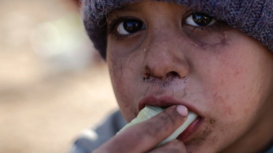 A Syrian boy displaced with his family from eastern Aleppo eats a vegetable in the village of Jibreen south of the city earlier this month.