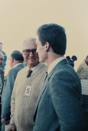 Vic Hayes with his son David at Kembla Grange Racecourse in 1989. 