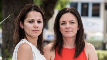 Domestic violence campaigner Angela Zena Hadchiti, left, and Labor MP Emma Husar are calling for alleged domestic violence perpetrators to be banned from cross-examining victims in court.