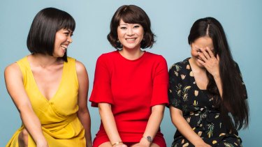 Writer of the new play <i>Single Asian Female</i>, Michelle Law (middle), with actors Alex Lee (left) and Courtney Stewart (right).