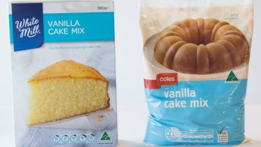 Aldi cake mix, 380g, and Coles cake mix, 340g.