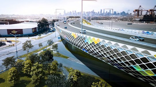 An artist's impression of the Footscray Road elevated freeway section of the West Gate Tunnel. 