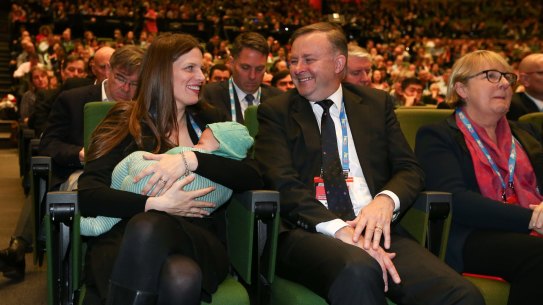 Kate Ellis, with her newborn son, and Anthony Albanese during the ALP National Conference in July 2015.