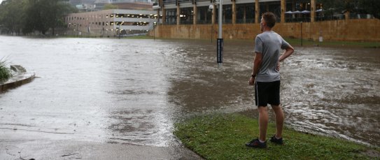 A man watches the rising Parramatta river with the Powerhouse Museum site in the distance in Parramatta, NSW March 20, 2021. Photo: Dylan Coker / SMH