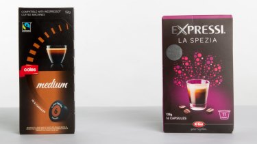 Coles coffee capsules, sold in 52g packs, and Aldi's, in a 128g pack. 