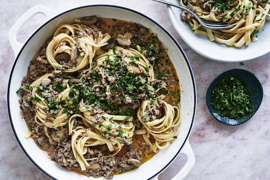 Fettucine stroganoff made with beef mince.