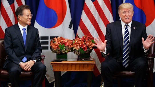 President Donald Trump speaks at a luncheon meeting with South Korean President Moon Jae-during the United Nations General Assembly in New York.