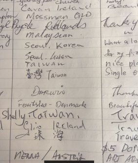 The visitors book in June 2017 shows where visitors arrive from to visit the church.
