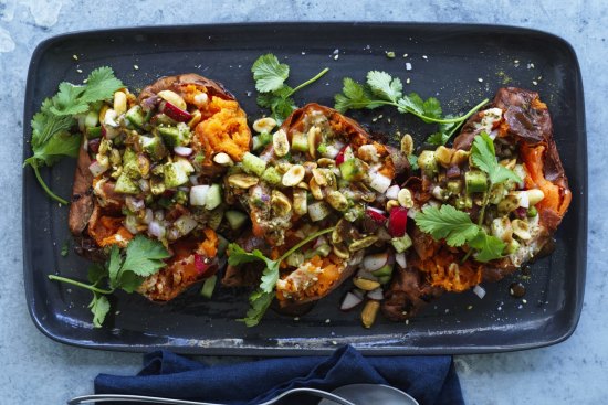 Roasted sweet potato with tamarind, peanut and lime make a hearty vegetarian main course.