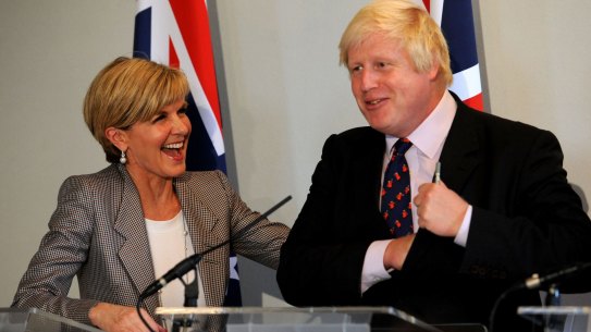 Australia's Foreign Minister Julie Bishop and Britain's Foreign Secretary Boris Johnson during their press conference in London.