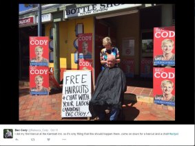 Bec Cody gave out free haircuts on the campaign trail to get to know the people of the Murrumbidgee electorate. Photo via Twitter @Rebecca_Cody