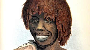 Tasmanian Aborigine Tunnerminnerwait and his group had been portrayed as bloodthirsty outlaws. <i> Illustration: Thomas Bock </i>
