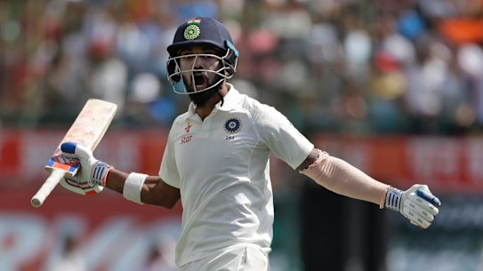 Lokesh Rahul celebrates as India wins the fourth Test. 