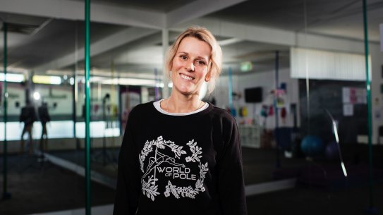 Dee Heath, a businesswoman who has invested in Bitcoin on the side, at the pole dancing fitness gym she owns in Arndell Park in Sydney.