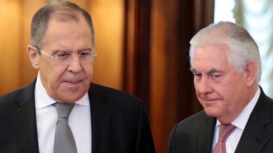 US Secretary of State Rex Tillerson, right, and Russian Foreign Minister Sergey Lavrov in Moscow on Thursday.