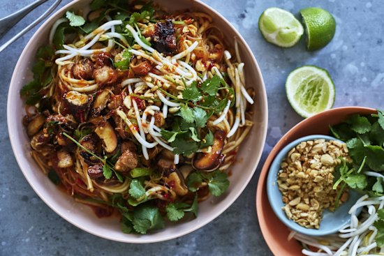 Double noodle stir-fry with marinated pork belly.