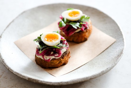 Go-to dish: Falafel crumpet with parsley and quail egg. 