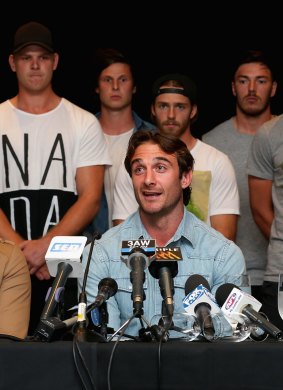 Jobe Watson speaks to the media after the players were initially cleared.