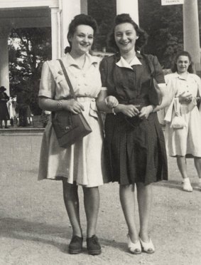 Mira Unreich (left) with a friend in Europe in the late 1940s.