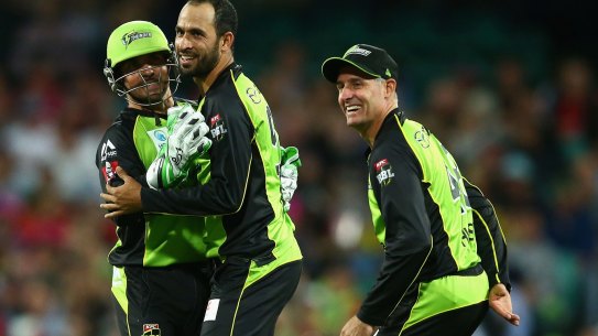 All over: Fawad Ahmed of the Thunder celebrates dismissing Johan Botha of the Sixers.