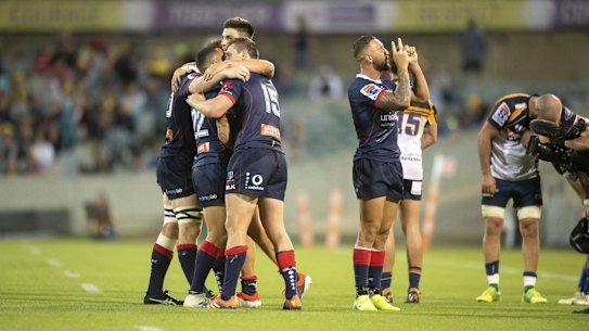 The Rebels celebrate after beating the Brumbies in round one of the Super Rugby. 