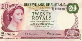 Prototype of the 20 Royals note created as decimalisation loomed. 