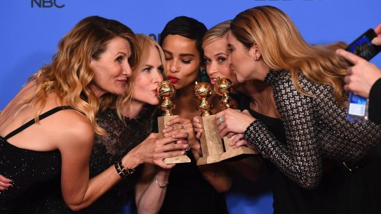 The cast of <i>Big Little Lies</i> (from left: Laura Dern, Nicole Kidman, Zoe Kravitz, Reese Witherspoon and Shailene Woodley) with their Golden Globe awards.