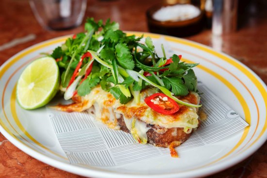 Go-to-dish: Grilled cheese and house green kimchi open sandwich, $14.50.