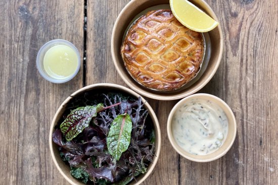Built-in donation: Boronia Kitchen's fish pie and greens.