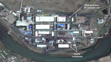 A satellite image dated May 16, 2015, shows Pyongsan Uranium Concentration Plant near what is believed to be North Korea's largest uranium mine.