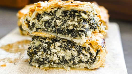 Haloumi spanakopita. Katrina Meynink's vegetarian pie recipes for Good Food June 2021. Please credit Katrina Meynink. Good Food use only.