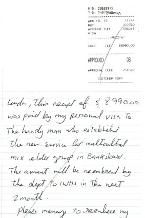 Eman Sharobeem's handwriting expense claim for $8,990 of handyman word that was actually for a holiday club membership.