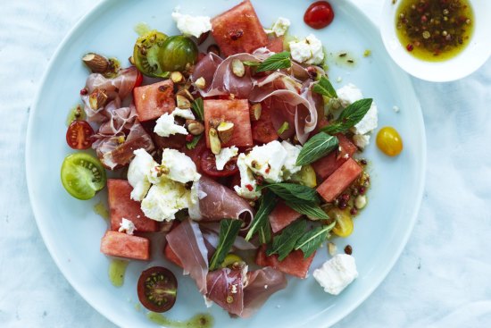 A simple summer salad with refreshing watermelon and a peppery dressing.