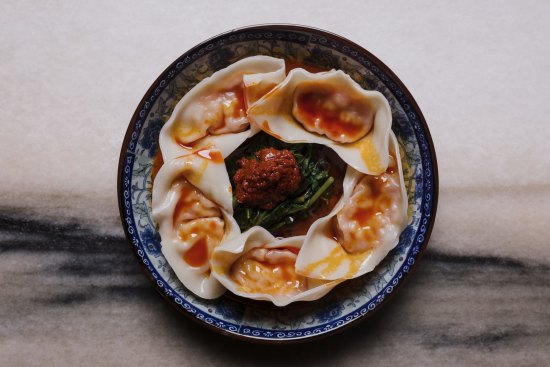 The har mee bomb smashes prawn, pork, and bean shoots into five big, meaty, dumplings.