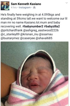 Sam Kasiano announces the birth of his second child on Instagram.