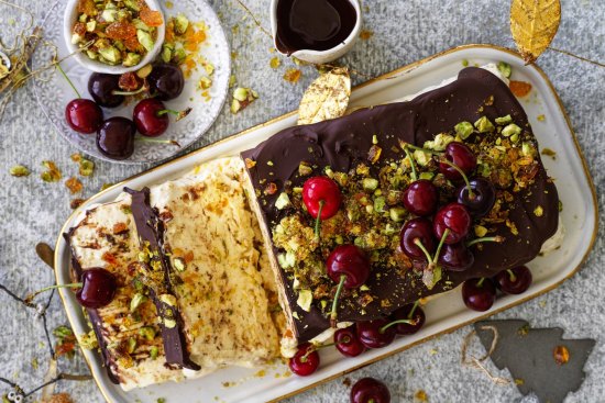 Chocolate and cherry semifreddo with pistachio praline.