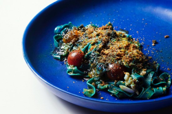 Blue spirulina tagliatelle is pliable and silky. 