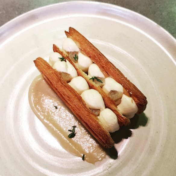 Roasted pear, caramel and thyme millefeuille.