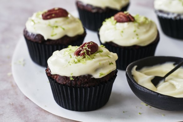 Beetroot red velvet muffins with lime cream cheese icing.