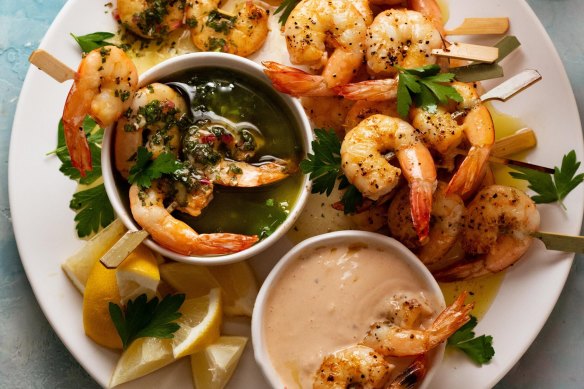 Barbecue prawns with two brilliant sauces.