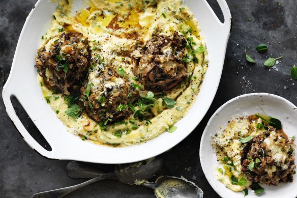 Mushroom-stuffed mushrooms with blue cheese.