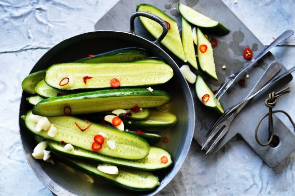 Garlic-pickled cucumbers.