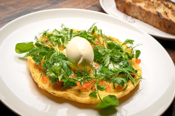 Frittata with smoked trout and salmon roe.