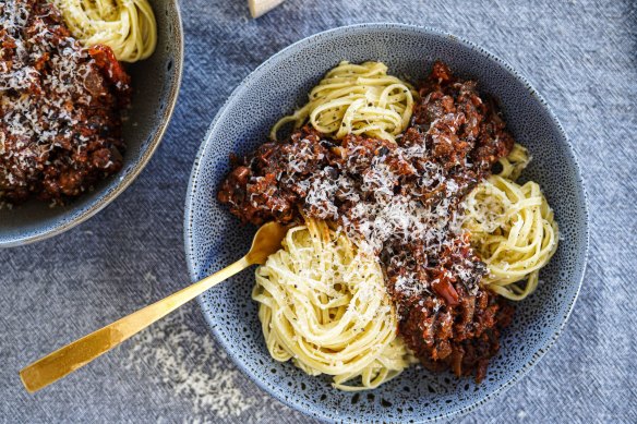 Hearty mixed mushroom, harissa and eggplant pasta sauce.