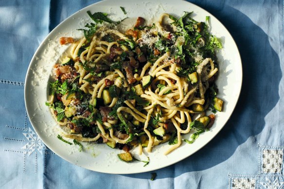 Agata and Clelia's gnocchi lunghi con zucchini (spaghetti-style pasta with courgettes and mint from Lazio).