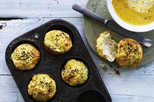 These cheesy potato  muffins are great with soup.