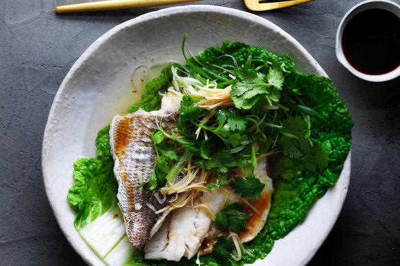 Kylie Kwong's aromatic steamed snapper fillets with ginger, spring onions and coriander.