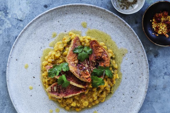 Spices fried in hot oil add an extra layer of flavour to the red mullet and yellow dal.